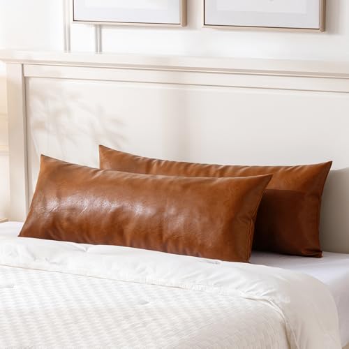 Image of Fancy Homi Brown Boho Long Lumbar Faux Leather Body Decorative Throw Pillow Cover 14x36 Inch for Bedroom Couch Bed Bench, Thick Stylish Solid Rectangle Pillowcase, Rustic Modern Farmhouse Room Decor