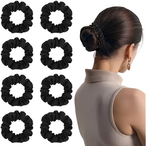 Scrunchies for Women,Silk Satin Hair Scrunchies,Elastic Strengthening Hair Ties,Ponytail Holder Suitable for Thick Thin Hair,Luxury Scrunchy for Girls (8 PCS Black) Cover