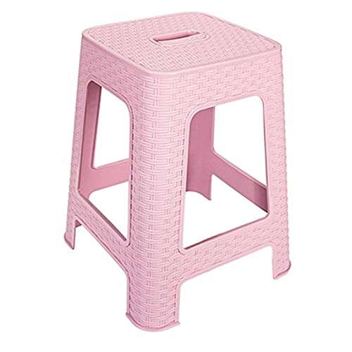 Tradineur - Taburete de plástico con asa Rattan, Asiento de 28 x 28 cm, imitación de Mimbre, banqueta Multiusos, Cocina, salón (Rosa - 45,5 x 36,7 x 36,7 cm)