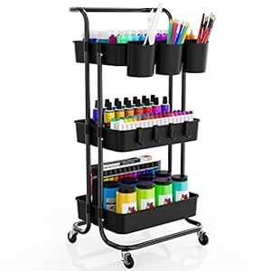 3-Tier Rolling Mobile Utility Cart with Hanging Cups & Hooks & Handle Multifunctional Organizer Storage Trolley Service Cart with Wheels Easy Assembly for Office, Bathroom, Kitchen (Black)