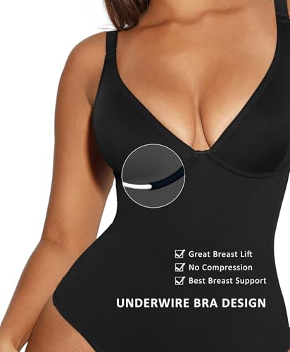 FeelinGirl Shapewear Bodysuits for Women Tummy Control Body Suits Deep V Neck Thong Body Shaper4