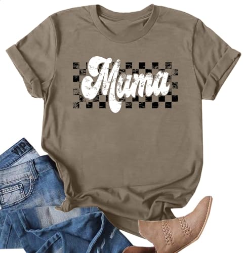Mama Shirts Women Mothers Day Shirt Mom Life T-Shirt Vintage Checkers Mama Shirt Mommy Gifts Tee Tops(Brown, X-Large)