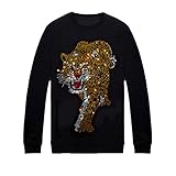 HZCX FASHION Mens Womens Hip Hop Rhinestone Graphic Sweatshirt Crewneck Pullover(Tiger Black,Large)
