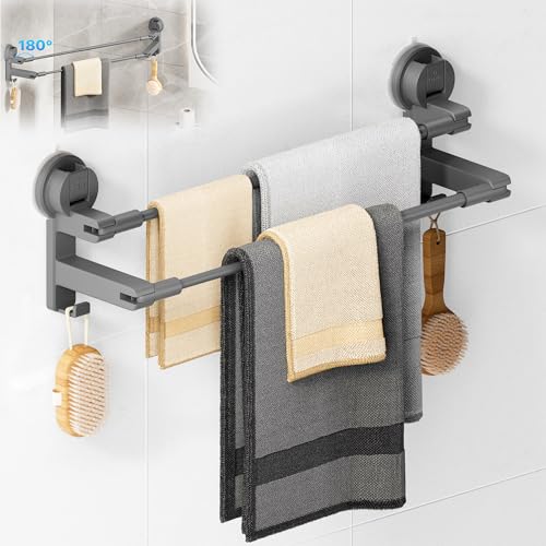COCASES Handtuchhalter Saugnapf ohne Bohren Bad Handtuchstange Doppelt für Duschwand ohne Kleben Towel Holder mit 2 Handtuchhaken und Verstellbare Länge für Küche Tür Dunkelgrau 41-75cm