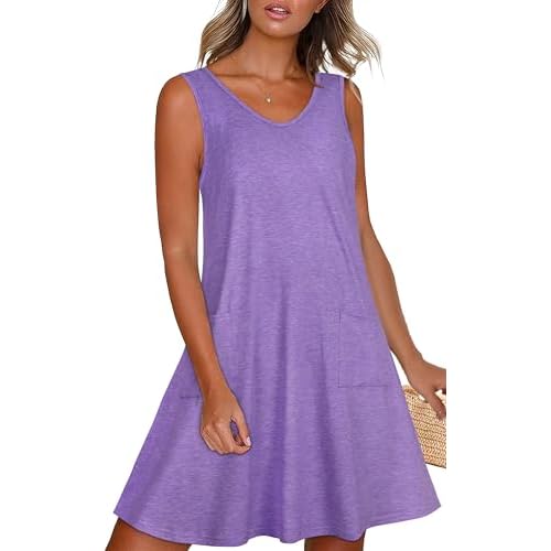 elescat Womens Summer Dresses Casual V Neck Sleeveless Pockets Beach Loose Tank Sundress 2026 Small Light Purple