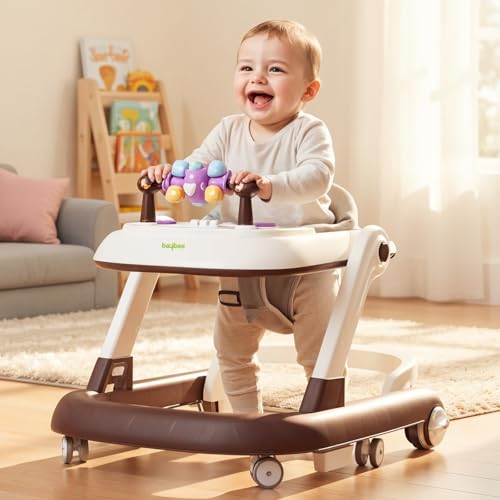 Image of Baybee 2-in-1 Convertible Baby Walker with Push Walker Mode, Foldable Design, Musical Toy Bar & Safety Stopper - Walker for Kids for 6 to 18 Months, Baby Walkers for 6-18 Month Baby Boy & Girl (Brown)
