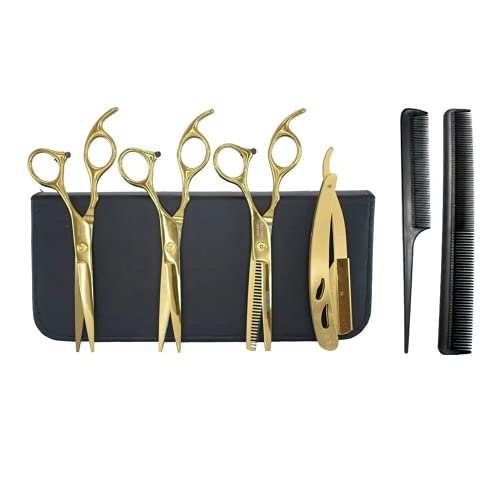 Kit 3 Tesouras Profissionais + Navalha + Estojo P/ Barbeiro - Dourado