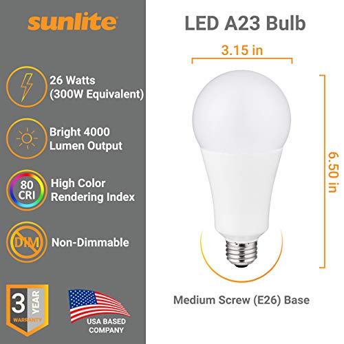 Sunlite 82109 Led A23 Light Bulb, 26 Watts (300W Equivalent), High Output, 4000 Lumens, Medium E26 Base, 120-227 Multi-Volt, Non-Dimmable, Ul Listed, 4000K Cool White #TOP1