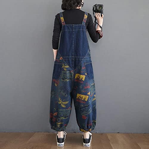 Women's Dungarees Vintage Printed Loose Casual Baggy Sleeveless Overall Long Jumpsuit Playsuit Trousers Pants Dungarees