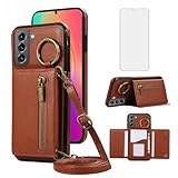Asuwish Compatible with Samsung Galaxy S21 FE 5G Wallet Case with Screen Protector and Crossbody Shoulder Strap Card Holder Cell Phone Cover for S 21 EF S21FE5G UW S21FE 21S G5 6.4 inch Women Brown