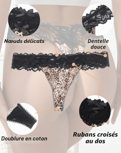 comeondear String Tanga Femme Sexy Chic Culotte Dentelle Léopard,M-L – vue 6