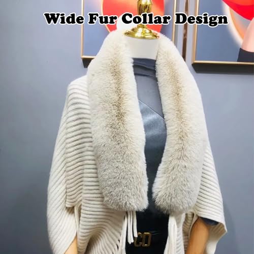 Permitime Knitting Thick Womens Loose Shawl, Winter Knit Fringe Fur Collar Shawl, Permitime Loose Shawl with Fur Collar3