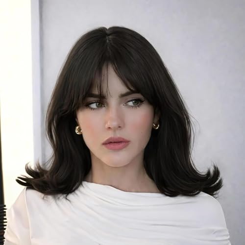 Luqicat Brown Black Bob Wig with Bangs, Shoulder Length Layered Brown Wig with Soft Flipped Ends, 14 Inch Natural Looking Synthetic Wig for Women