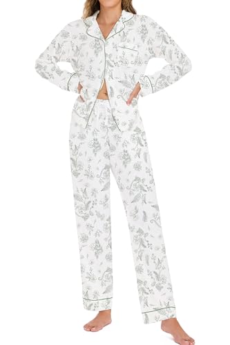 Image of LUBOT 100% Cotton Pajamas for Women Pajama Set 2 Piece PJ Sleepwear Set Soft Ladies Button Knit Long Sleeve Loungewear XS-XXL
