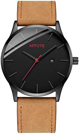 Men‘s Quartz Analog Wrist Watch Brown Leather Date Business Classic Dress Wrist Watch in Red Hand