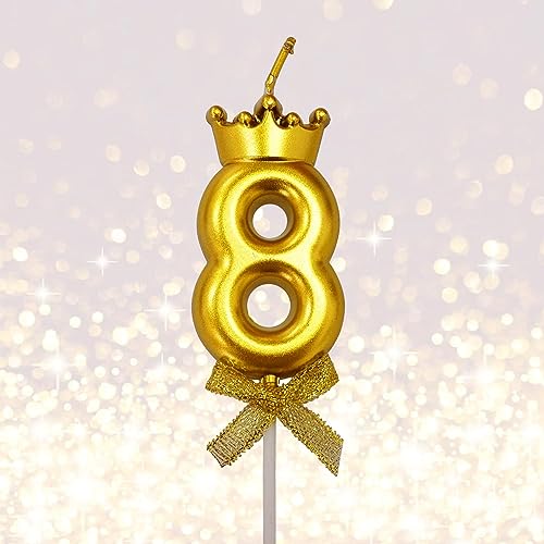 Image of 1 Pc 8 Number Candle for Birthday Cake Metallic Gold Number 8th Birthday Cake Decoration Eight Candle with Crown on Top Cake Topper 0-9 Number Candles for Anniversary (Pack of 1, Gold)