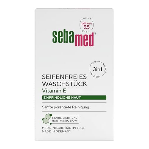 Sebamed seifenfreies Waschstück 150 g, mit Vitamin E, für die tägliche sanfte, porentiefe Reinigung empfindlicher Haut, zur Hand-, Gesichts- und Körperreinigung geeignet