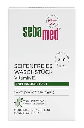 Sebamed seifenfreies Waschstück 150 g, mit Vitamin E, für die tägliche sanfte, porentiefe Reinigung empfindlicher Haut, zur Hand-, Gesichts- und Körperreinigung geeignet