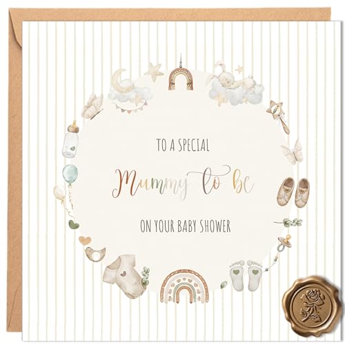 Tayenura Baby Shower Card for Mummy to Be with Cute Watercolour Baby Items Circle Design Stylish Set with Kraft Envelope and Embossed Seal Sticker Thoughtful New Baby Gift (round frame)