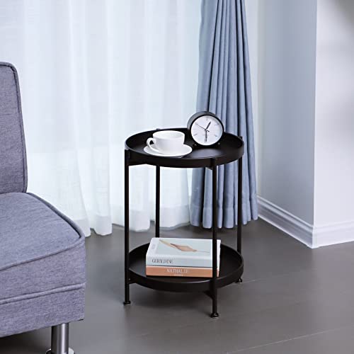 Lita 2-Tier End Table Metal Round Tray Side Table Small Folding Accent Coffee Table Side Snack Table Anti-Rust And Waterproof Nightstand For Living Room Bedroom Balcony And Office, Black #TOP2