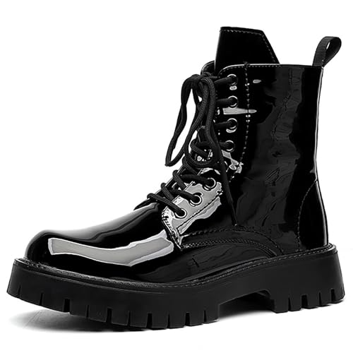 Men'S Black Patent Leather Platform Combat Boots Fashion Side Zipper Wide Toe Lace Up Chunky Lug Sole High Top Motorcycle Boots Comfort Waterproof Non-Slip Casual Ankle Booties