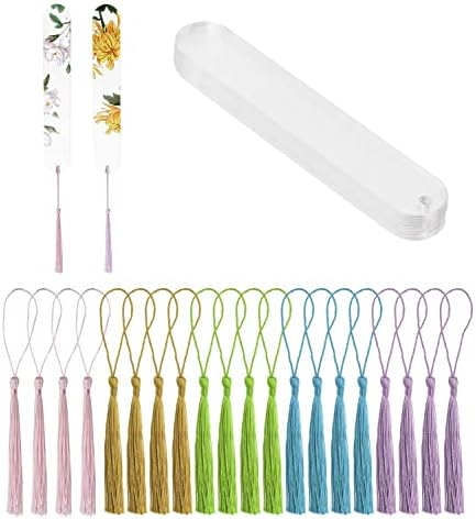 Blank Clear Acrylic Bookmarks Penta Angel 20Pcs Plastic Craft Transparent Acrylic Book Markers with 20Pcs Small Bookmark Tassels for DIY Projects and Graduation Gift Tag (Oval)