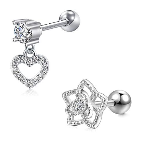 Briana Williams 2pcs 16G Tragus Helix Cartilage Earring Stainless Steel Stud Bars 6mm with Heart Dangle CZ Piercing Cover