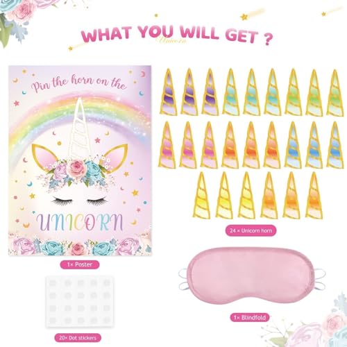 Image of WERNNSAI Pin The Horn on The Unicorn Rainbow Birthday Party Games for Kids | Unicorn Birthday Decorations,Pin The Tail on the Unicorn,28 inch x 21 inch Poster with 24 Stickers and Blindfold