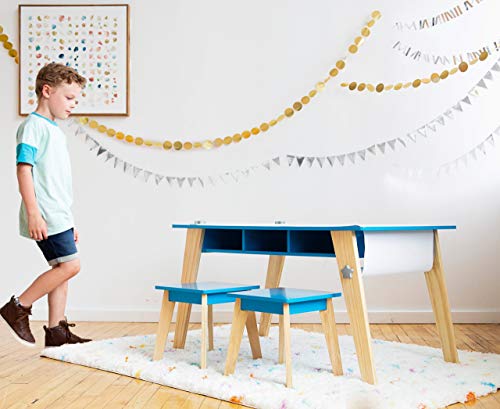 Wildkin Kids Arts And Crafts Table Set For Boys And Girls, Mid Century Modern Design, Includes Two Stools, Paper & Storage Cubbies Underneath Helps Keep Art Supplies Organized (Gray) , Grey #TOP6