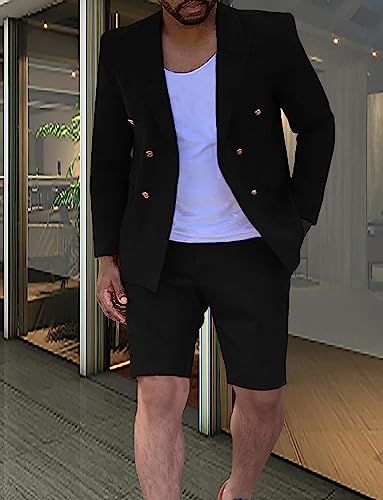 Men's 2 Pieces Slim Fit Suit Double Breasted Blazer Short Suits for Men2