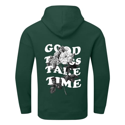 Oversized Hoodie for Men Good Things Take Time & Rose Shape Print Pullover Tops Drop Shoulder Comfy Oversize Fashion Graphic