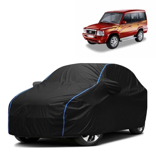 Image of Kerwa Car Body Cover Waterproof Compatible with TATA Sumo Gold | Scratch Proof, Anti-Dust, UV Protection with Windproof Buckle Strap and Mirror Pockets, Bottom Elastic Fitted-Black
