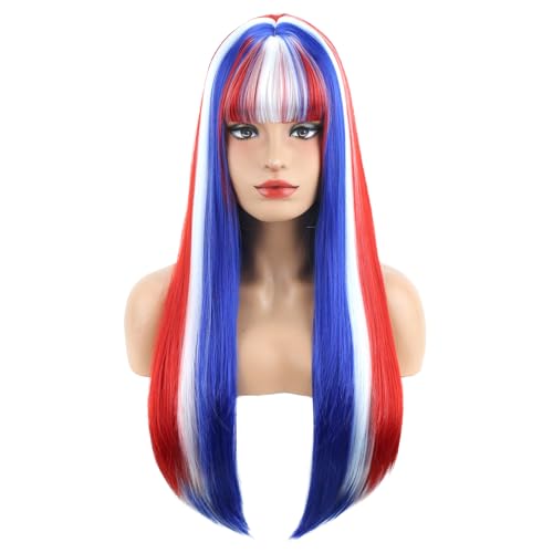 MAGQOO Red Blue White Wig with Bangs 4th of July Wigs for Women Girls Long Straight American Flag Costume Wig Synthetic Heat Resistant Cosplay