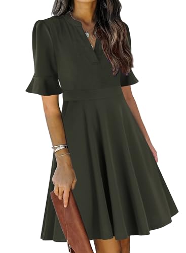 Image of Mokayee Womens Summer V Neck Ruffle Short Sleeve Fit and Flare Knee Length Church Wedding Guest Dresses with Pockets