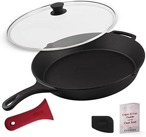 cuisinel 15" Cast Iron Skillet + Glass Lid Cover + Pan Scraper + Heat-Resistant Silicone Handle Grip - Pre-seasoned Oven-Safe Kitchen Cookware - Indoor/Outdoor - Camping, Grilling, BBQ, Oven Safe