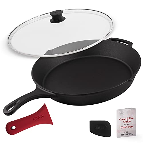 Cuisinel 15" Cast Iron Skillet + Glass Lid Cover + Pan Scraper + Heat-Resistant Silicone Handle Grip - Pre-Seasoned Oven-Safe Kitchen Cookware - Indoor/Outdoor - Camping, Grilling, Bbq, Oven Safe #TOP9