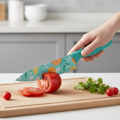Image of Amorston 4-Piece Black Kitchen Knife Set with 3 Ceramic Coated Knives & 3-Stage Knife Sharpener | Non-Stick Stainless Steel Blades | Ergonomic Handle | Multipurpose Cooking Knife Set (Blue)