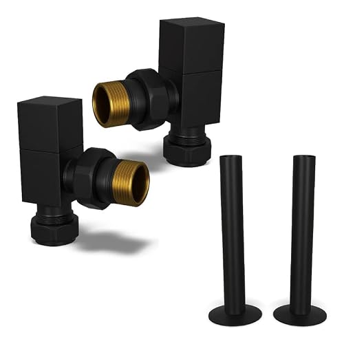 Uk Radiators Black Matt Finish With 130Mm Pipe Covers Square Black Radiator Valves And Pipe Covers - Black Matt Finish - Classy And Modern Design 1/2" X 15Mm Angled Radiator Valves - Pair Of Valves With 130Mm Pipe Covers