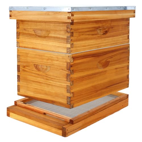 BEEKNOWS 8 Frame Beehive Kit with Screened Bottom Board Dipped in Heavy Beeswax Bee Hive Boxes Starter Kit for Bee Keekeepers - Langstroth Beehive Kit with 2 Honey Bee Hives Boxes