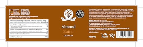 Nutural World - Knusprige Mandelbutter 100% pur (170g netto) im Glasgefäß - Vegan, ohne Zusatz von Salz, Zucker oder Palmöl - ein Preisgekröntes Produkt