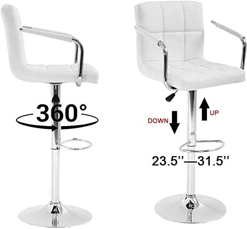 White Adjustable Swivel Leather Bar Stools with Chrome Base, Set of 2