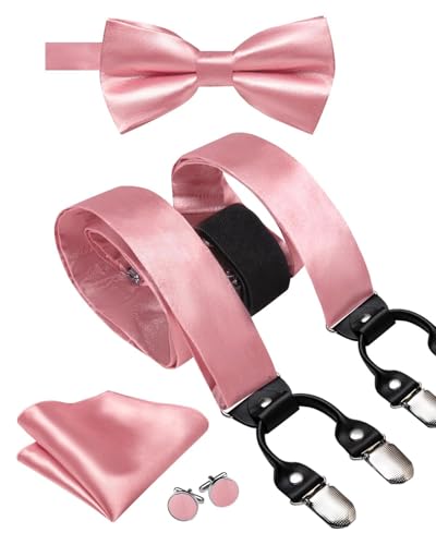 Image of Hi-Tie Men Suspender Bowtie Set Suspenders Pre-tied Bow Tie Pocket Square Cufflinks Adjustable Y Shape 6 Clips Braces Tuxedo