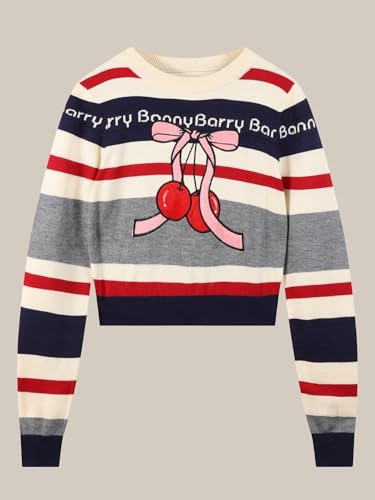 Girl Pullover Sweaters Winter Knit Clothing Cherry Embroidery Pattern Striped Crewneck Top Kid Clothes2