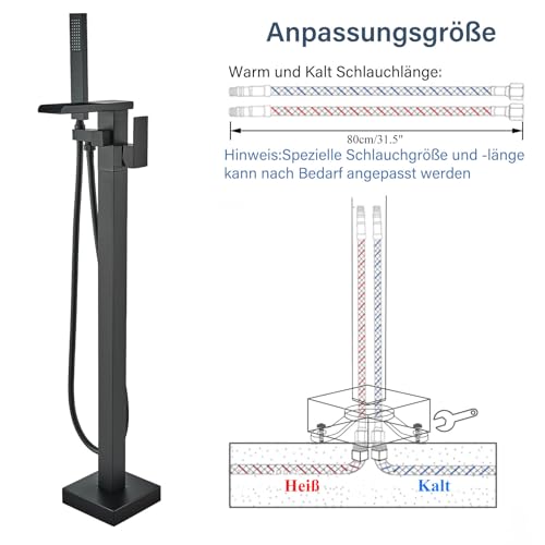 YAGATAP Freestanding Tub Faucet, Free Standing Tub Filler Matte Black, Single Handle Stand Alone Brass Bathtub Faucet with Hand Held Shower and Swivel Waterfall Mixer Spout Floor Mount