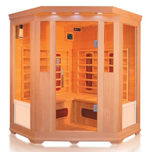 Cabina de infrarrojos Trondheim Beta para 4 personas – Madera cicuta, emisores de calor profundo, sistema de sonido Bluetooth, terapia de color, aromaterapia y desinfección de ozono, ahorro de energía