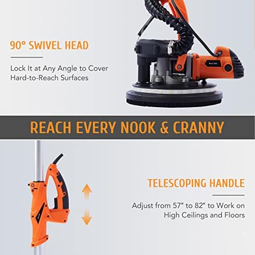 ZELCAN 12A 850W Drywall Sander Swivel Head Adjustable Speed Telescopic Dry Wall Sander with Integrated Vacuum System, 5-Speed LED High Visibility Wall Grinding Machine and 12 Sanding Disks