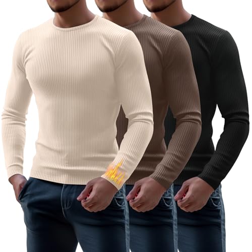 Riyiper 3 Pack Men's Ribbed Thermal Shirts Crew Neck Long Sleeve Tops Winter Stretchy Slim Basic Undershirt(Black, Coffee, Apricot,L) by Riyiper - Used condition - US$12.59