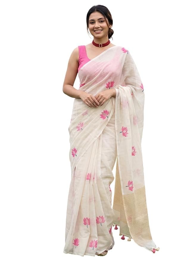 Image of Women's Linen Cotton Blend Saree Multicolor Ikat Brush Print Scalloped Border with Floral Print Unstitched Blouse Piece