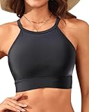 Black Women Swim Bikini Top - High Neck Modest Bathing Suit Top Swimwear M