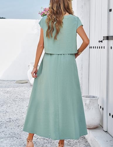 Image of HangNiFang Summer Skirt Sets Women 2 Piece Outfits Cap Sleeve Top Elastic Waist Maxi Dress Sets with Pockets